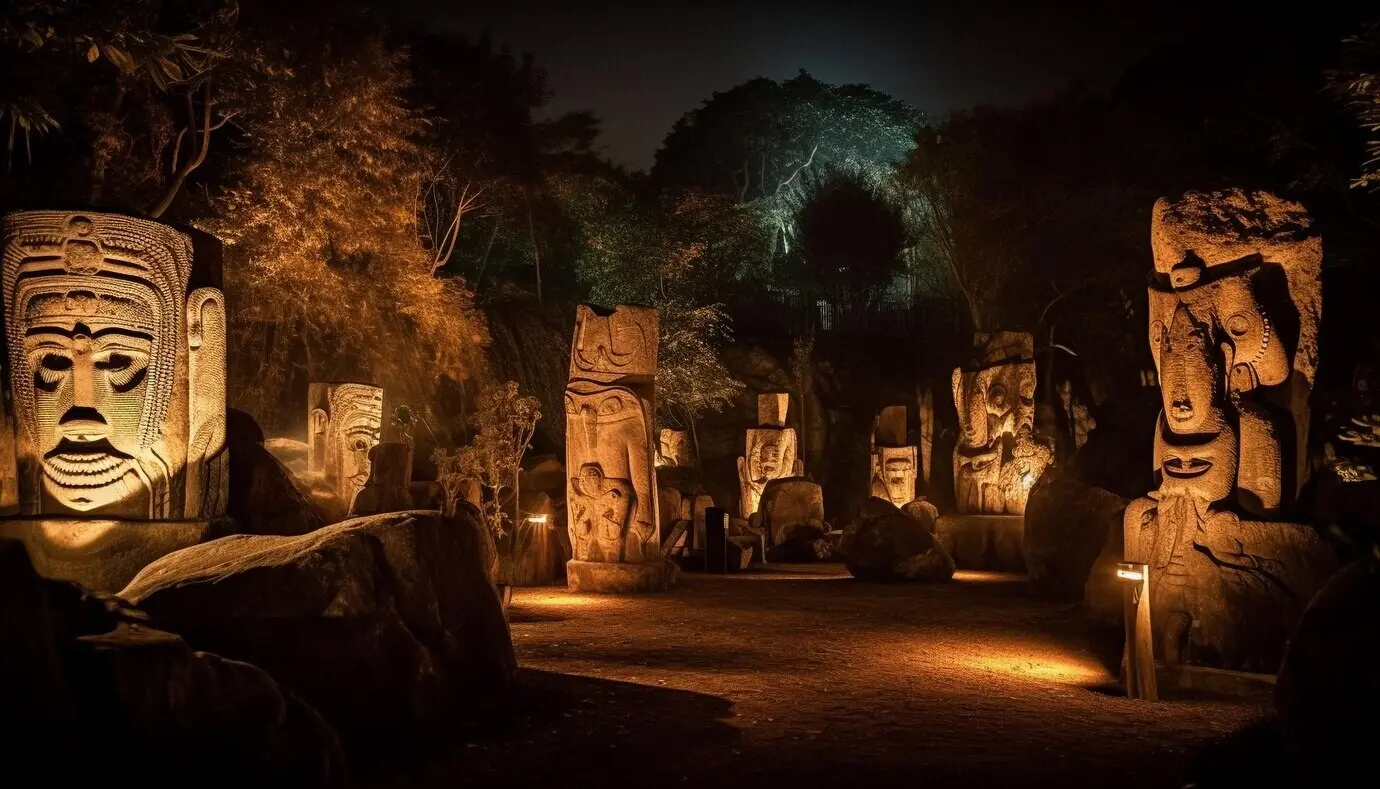 Eine antike, nachts beleuchtete Skulptur ragt hoch auf, von KI generiert.